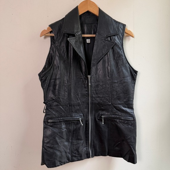 Nevada Blue Jackets & Blazers - Nevada Blue Leather Biker Vest Zip Front Black Medium Good